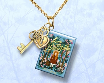 Anne Of Green Gables -Blue Cover - with Your Choice of Charm and Gold Plated Chain- Miniature Book Necklace -