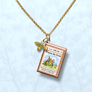 Winnie The Pooh -  with Your Choice of Charm  and Gold Plated Chain- Miniature Book Necklace -