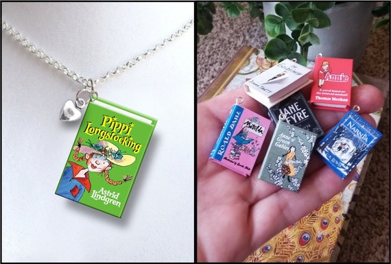 Pippi Longstocking With Tiny Heart Charm micro Mini Book Necklace