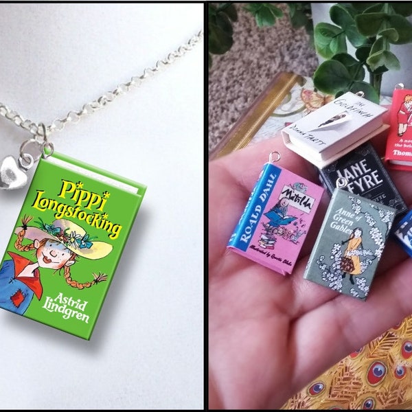 Pippi Longstocking - with Tiny Heart Charm -Micro Mini Book Necklace