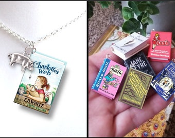 Charlotte's Web - With Your Choice of Charm -Micro Mini Book Necklace