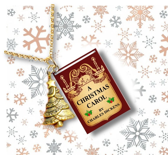 A Christmas Carol- Vintage Cover-Red- with Christmas Tree Charm - Miniature Book Necklace-Gold Plated Rolo Chain