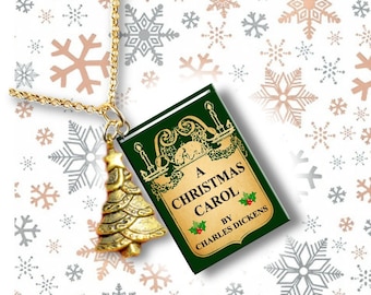 A Christmas Carol- Vintage Cover-Green- with Your Choice of Charm - Miniature Book Necklace with  choice of size of Gold Plated Rolo Chain