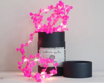 Neon Pink Pom Pom Fairy Lights | Pink Room Decor | 2m Micro LED Lights | Neon Pink Wedding Table Decorations