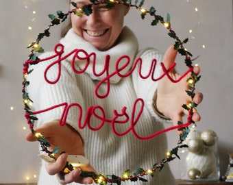 Joyeux Noël Holly Light Wreath | Christmas Wreath | Front Door Decoration