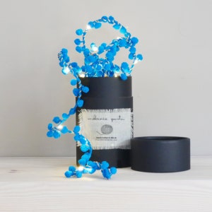 May include: A string of blue pom-pom lights wrapped around a black cylinder box. The box has a white label with the text "melanie porter" and a small illustration of a ball of yarn.