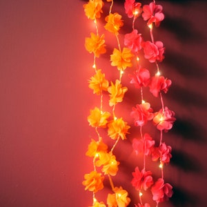 Puede incluir: Una cadena de luces con detalles de flores de papel naranja y rosa. Las luces están enhebradas en un cable y cuelgan de una pared roja.