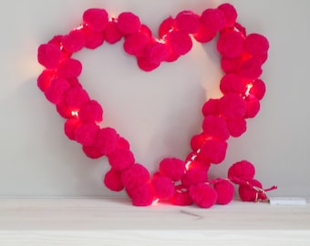 Riesen Pom Pom Herzleuchte | Geschenk für Mädchen | Valentinstag Geschenk | Mädchen Schlafzimmer Licht | Nachtlicht