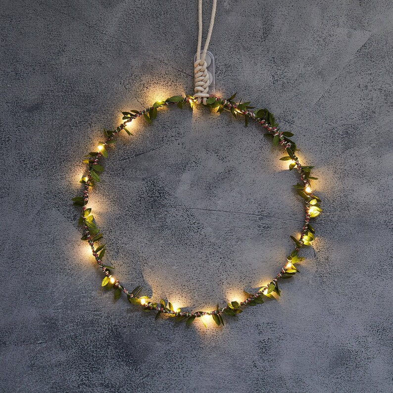 Green Leaf Fairy Light Hoop Handmade Year round Door Wreath Boho Wedding Decoration image 3