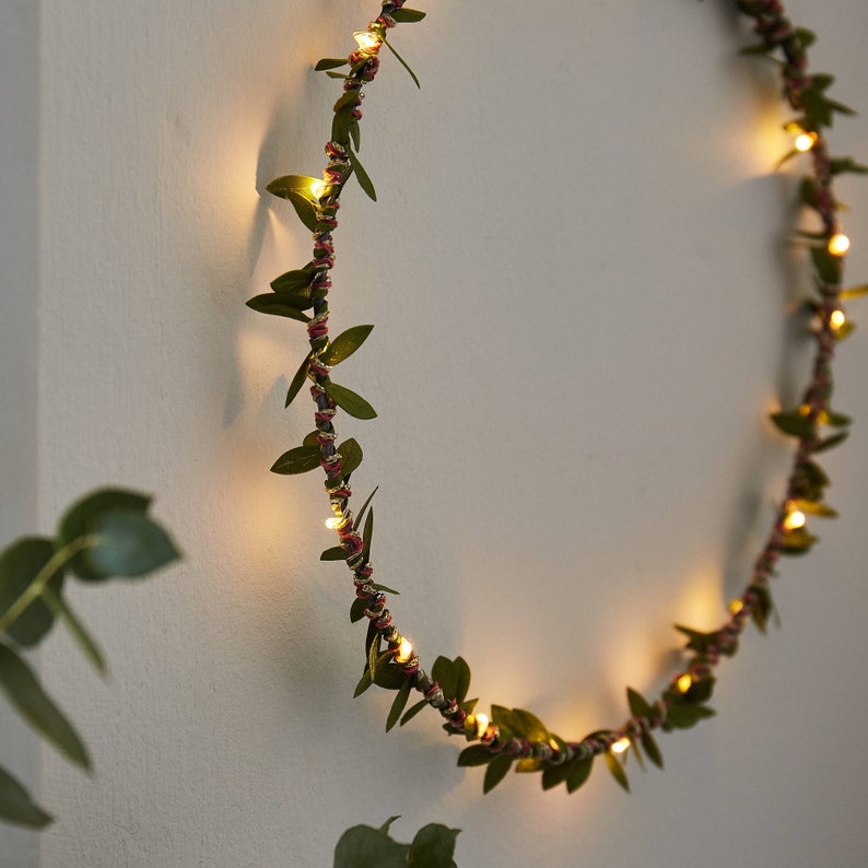 Green Leaf Fairy Light Hoop Handmade Year round Door Wreath Boho Wedding Decoration image 1