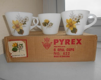 6 Vintage Retro Kitsch Autumn Glory (Dahlia~US) Pattern No. 527 JAJ Pyrex Opal Cups With Original Box Circa 1969-84