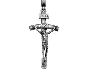 Colgante grande con colgante de cruz de Jesucristo en plata de ley 925 con crucifijo INRI y diseño de madera, joyería hecha a mano.