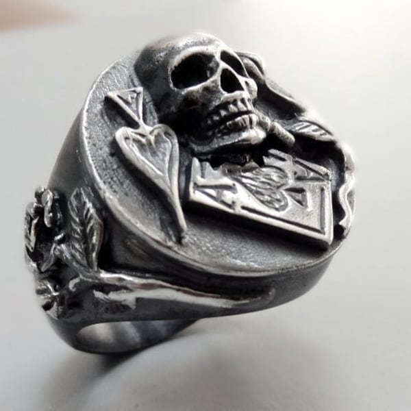 Handmade Sterling Silver Skull Blackjack Ace of Spades Poker Casino Biker Ring All Sizes !