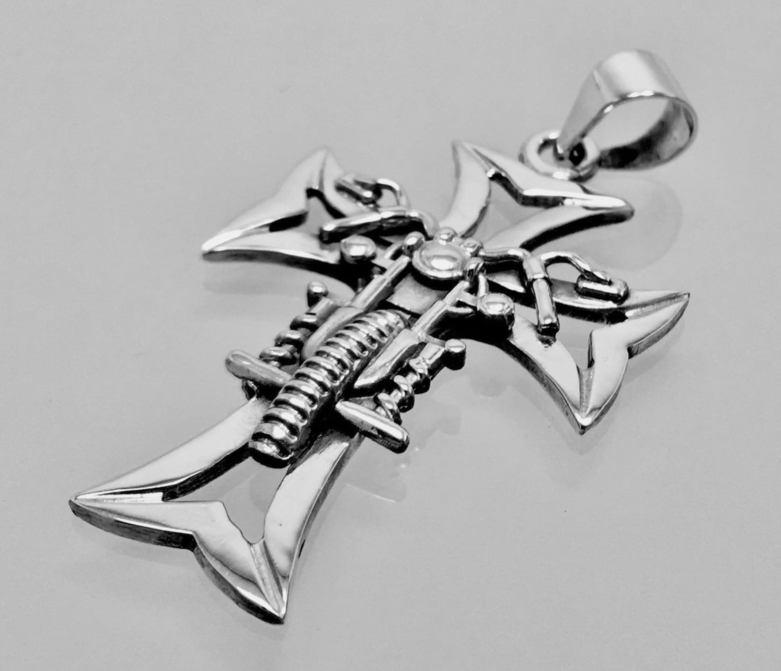 Solid Sterling Silver 925 Biker Cross Pendant Necklace Etsy
