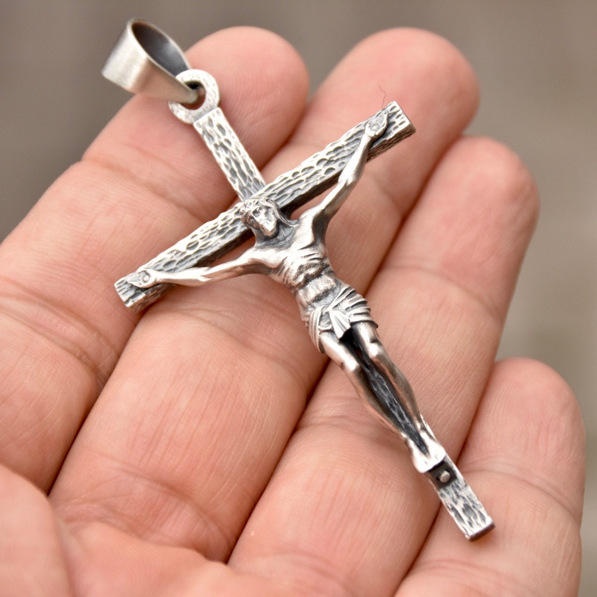 Solid Large Sterling Silver 925 Cross Crucifix Pendant Necklace Handmade