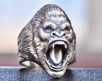 Sterling Silver 925 Gorilla Roaring Head Ring Bold Animal Statement Biker Rocker Motorcycle Handmade Jewelry