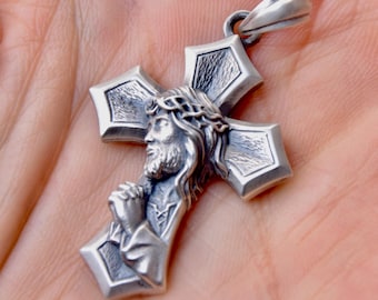 Jesus Christ Cross Sterling Silver 925 Praying Lord Christian Religious Necklace Crucifix Pendant Handmade Jewellery