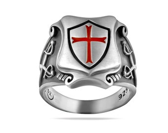 Knights Templar Masonic Tempelritter Cross Silver 925 Ring Red Enamel / Handmade - All Sizes!