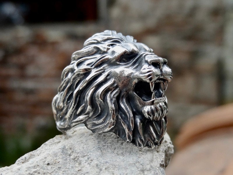 Royal Lion Ring Sterling Silver 925 Head Roaring Animal Ring Wild