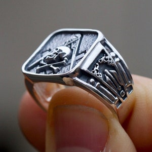 Masonic Skull Ring Sterling Silver .925 Masons Handmade All Sizes US 7-15 image 3