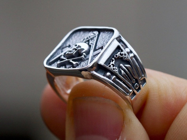 Masonic Skull Ring Sterling Silver .925 Masons Handmade All Sizes US 7-15 image 3