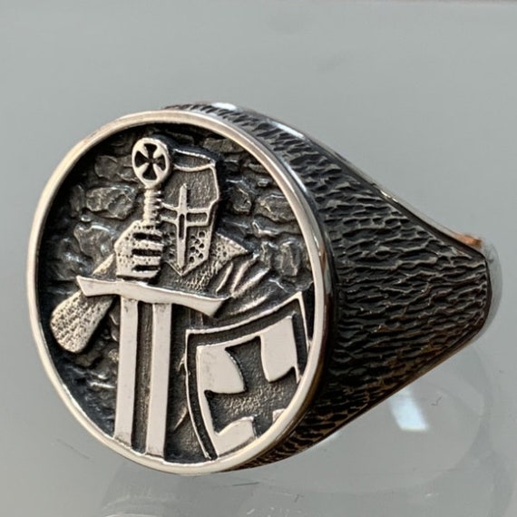 Knight Templar Ring With Cross In 925 Solid Sterling Silver Anello - Foto 4