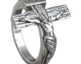 NUEVO Anillo de Crucifijo de Jesús en Plata de Ley 925 Hecho a Mano