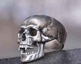 Sterling Silver 925 Skull Ring Gothic Vampire Biker Rocker Motorcycle Punk Band Statement Handmade Jewelry