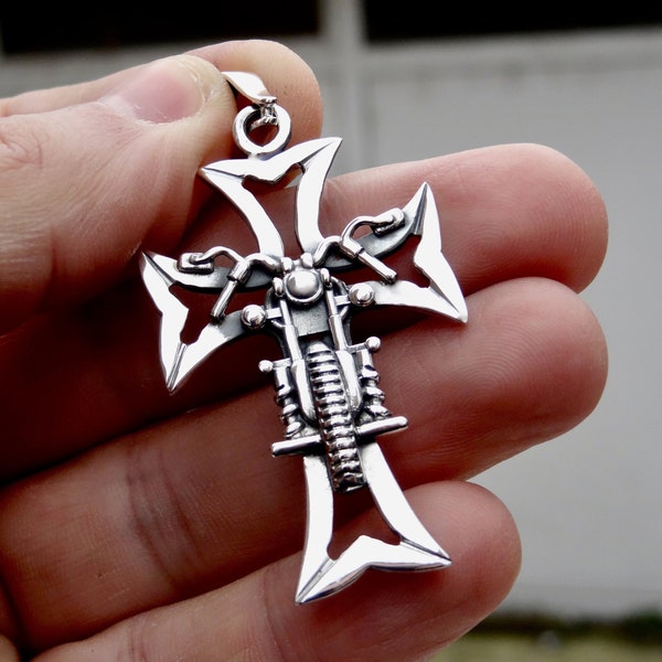 Collier pendentif croix motard en argent sterling 925 massif fait à la main !!!