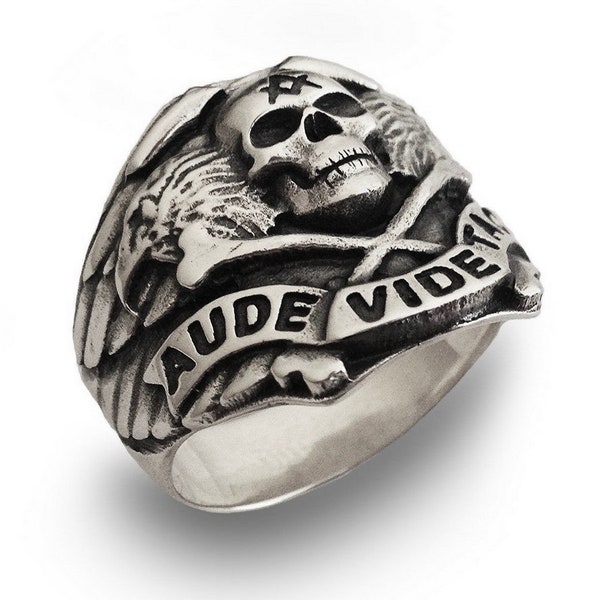 Masonic Skull Silver 925 Ring  /  - Aude Vide Tace -  /  Handmade - ALL SIZES !