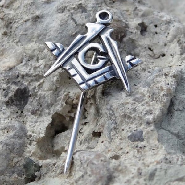 Sterling Silver 925 Masonic Square Compass G Symbol Handmade Brooch Stickpin Cravat Pin