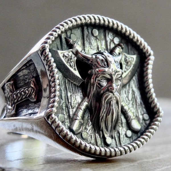 Viking Ring Sterling Silver 925 Thor Hammer Double Axe Odin Norse Pagan Handmade Jewellery