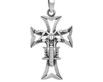 Solid Sterling Silver 925 Biker Cross Pendant Necklace Handmade !!!