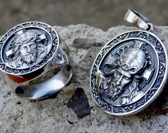 Jesus Christ Sterling Silver 925 Pendant Ring Set God Head Religious Necklace Charm Handmade Jewellery