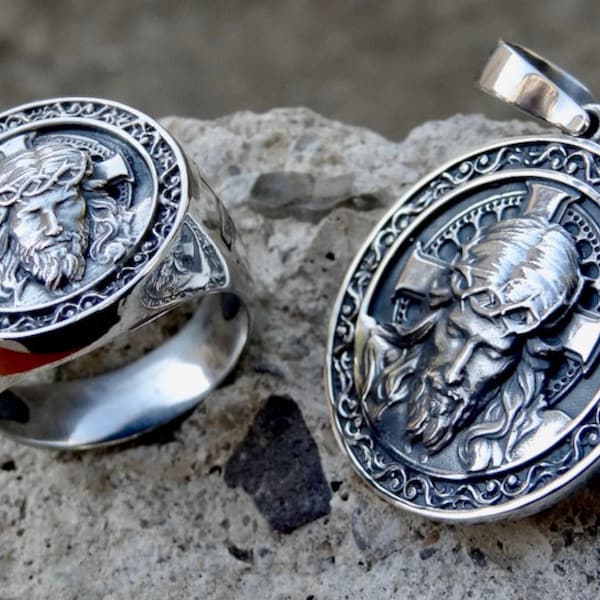 Jesus Sterling Silber .925 Anhänger Ring Set Gott Kopf Handgefertigt Schmuck