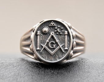 New Masonic Ring Sterling Silver 925 Pillars Moon All Seeing Eye Handmade All Sizes