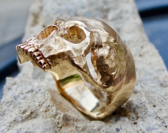 14K Solid Gold Skull Ring Handmade Memento Mori Masonic