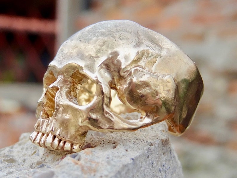 May include: A gold skull ring with a detailed design. The ring is made of solid metal and has a realistic skull design.