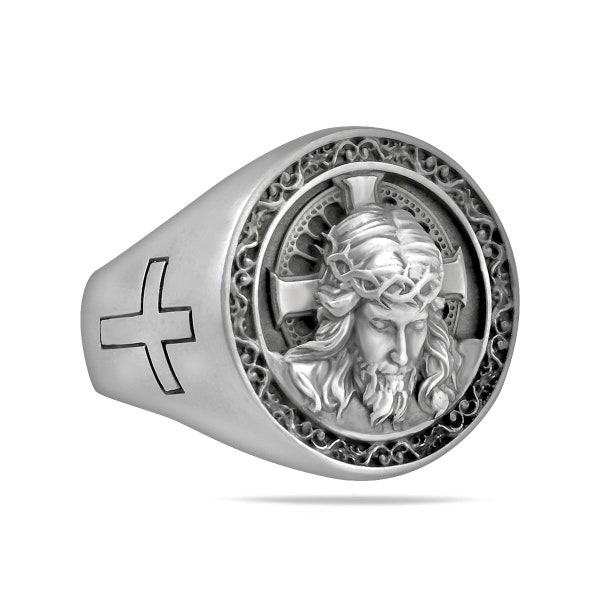 Jesus Christus Ring Sterling Silber .925 Kreuz Gott Kopf Gottheit Schmuck Handgefertigt Biker Rocker