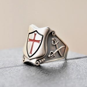 Knights Templar Masonic Tempelritter Cross Silver 925 Ring Red Enamel ...