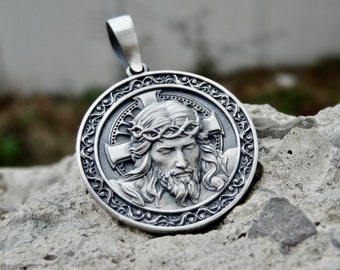 Colgante de Jesucristo con cruz de plata de ley .925, cabeza de dios religiosa, hecho a mano, estilo motero