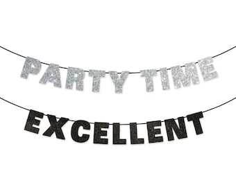 PARTY TIME / EXCELLENT Glitter Banner Wall Decoration Garland 2 Line Banner - Sparkly Silver & Black - Party Decorations