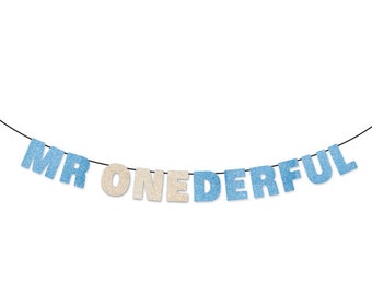 MR ONEDERFUL Glitter Banner Wall Decor Sign - Sparkly Light Blue and Champagne - First Birthday Banner - 1st Birthday Party - Miss Onederful