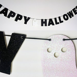 HAPPY HALLOWEEN Glitter Banner Wall Decor Sign Black With White Ghost Spooky Party Decoration Halloween Banner image 1