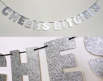 CHEERS BITCHES Glitter Banner Wall Decoration Garland - Sparkly Silver - Party Decor - Bach Decorations - Cheers Sign