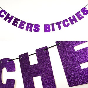 CHEERS BITCHES Banner Glitter Sign Wall Decor Sparkly Purple Bachelorette Party Decoration Cheers Sign image 1