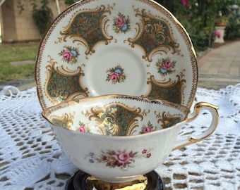 Paragon Teacup Green and Gold with Flowers