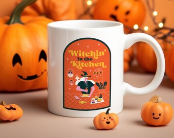 Witchin' in the Kitchen Mug - Halloween Smiling Witch Cooking Treats, Perfect Gift for Bakers and Witches