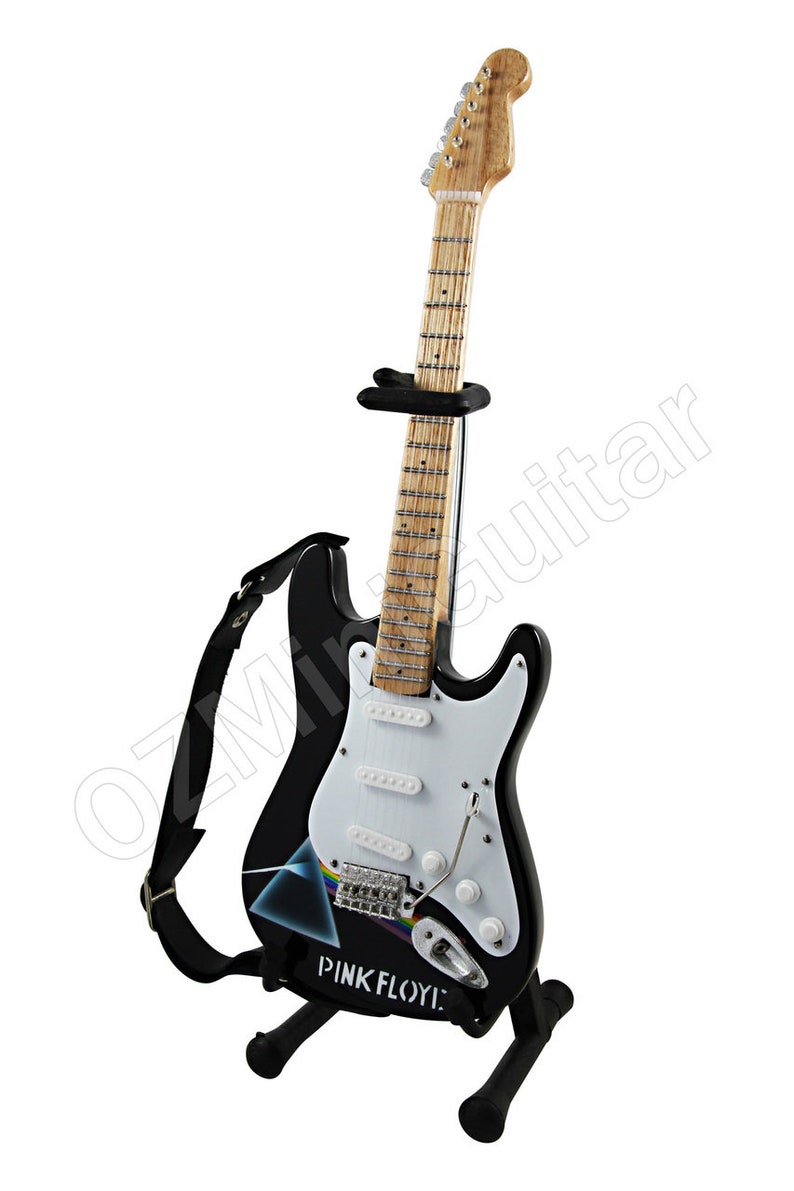 Pu&ograve; includere: Una chitarra elettrica nera con un battipenna bianco e un logo Pink Floyd sul corpo. La chitarra &egrave; su un supporto nero e ha una tracolla nera.