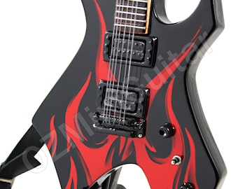 May include: A black electric guitar with red flames painted on the body. The guitar has a six-string neck and is on a stand.